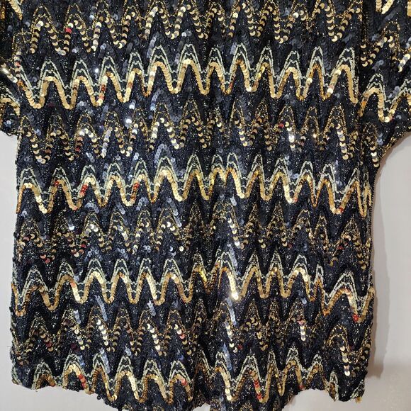 Roamans Black Gold Sequin VINTAGE Holiday Shell Top Plus Size 20/22 Stretch - Picture 10 of 16
